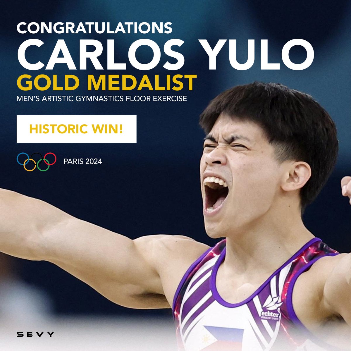 thesevystore's tweet photo. Historic Win! 🇵🇭

Carlos Yulo clinches the first gold medal for the Philippines in the 2024 Paris Olympics with a stunning performance in men's artistic gymnastics! 

Congratulations, Carlos! 🥇✨

#SEVY #TheSEVYStore #CarlosYulo #ParisOlympics2024 #GoldforthePhilippines https://t.co/YeADSS2Xkt