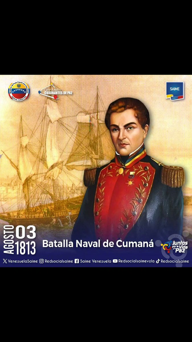 saimezuliaof's tweet photo. El 3 de agosto de 1813, y como parte de la Campaña de Oriente, se desarrolló la Batalla Naval de Cumaná, liderada por el Coronel Santiago Mariño sus tropas condujeron a la liberación de todo el territorio oriental de Venezuela, exceptuando Guayana. https://t.co/JU6b9OgCrq
