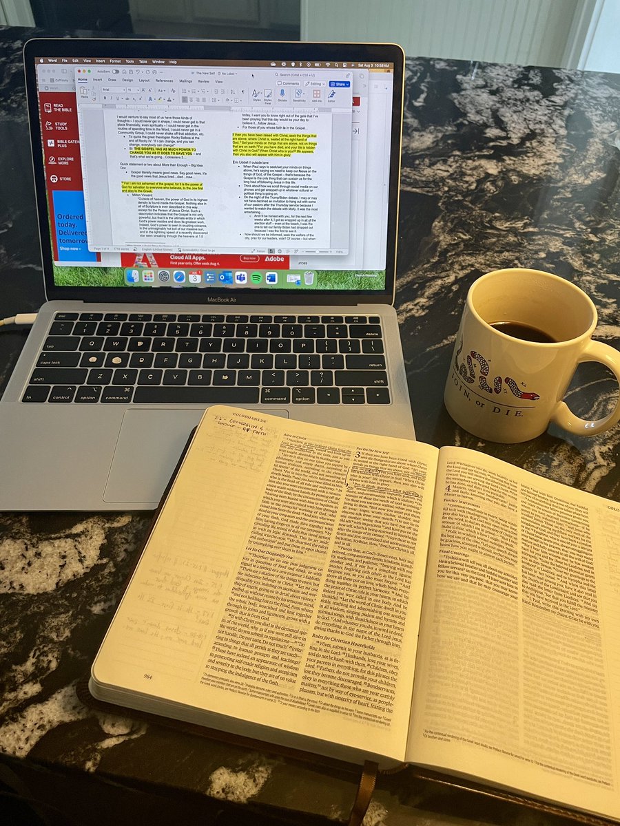 travedsu's tweet photo. Finishing up tomorrow’s sermon! Excited and honored to preach at @mercyhillnc’s High Point Campus. And no, the “Join or Die” mug not Mercy Hill swag! https://t.co/Xv8dY1l6jl
