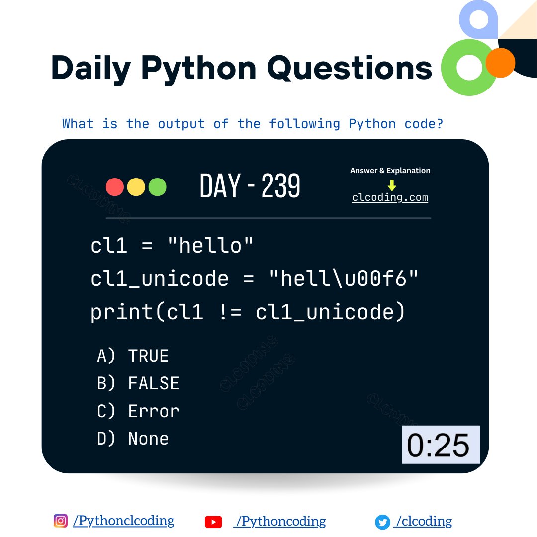 clcoding's tweet image. Python Coding challenge - Day 239 | What is the output of the following Python Code?

Solution and Explanation: clcoding.com/2024/08/python…