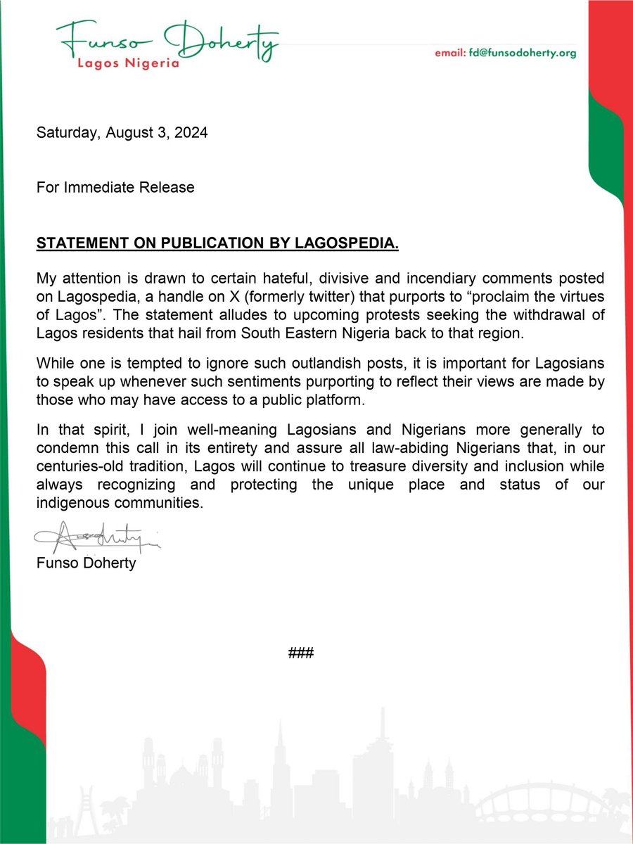 funsodoherty's tweet photo. Attached is my statement in response to the recent offensive post by Lagospedia on X. Let’s work to unite not divide. https://t.co/e2qYwvFxZE