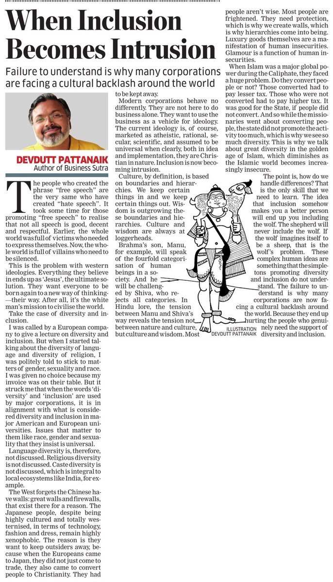 devduttmyth's tweet photo. The people who created the phrase "free speech" are the very same who have created "hate speech". It took some time for those promoting "free speech" to realise that not all speech is good, decent and respectful. Earlier, the whole world was full of victims who needed to express themselves. Now, the whole world is full of villains who need to be silenced.

Read More ... When inclusion becomes intrusion https://t.co/iLR8qQZXRh