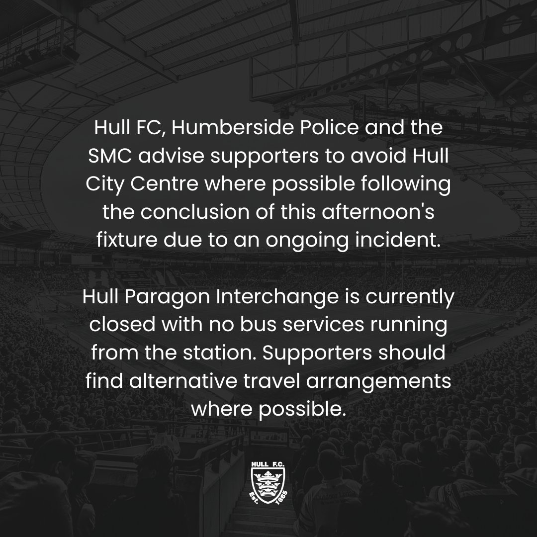 ⚠️ Supporters in attendance at this afternoon's fixture at the MKM Stadium are advised to make note of the following information in relation to an ongoing incident in Hull CIty Centre.

⚫️⚪️ #COYH | <a href="/ecostrad/">ecostrad</a>