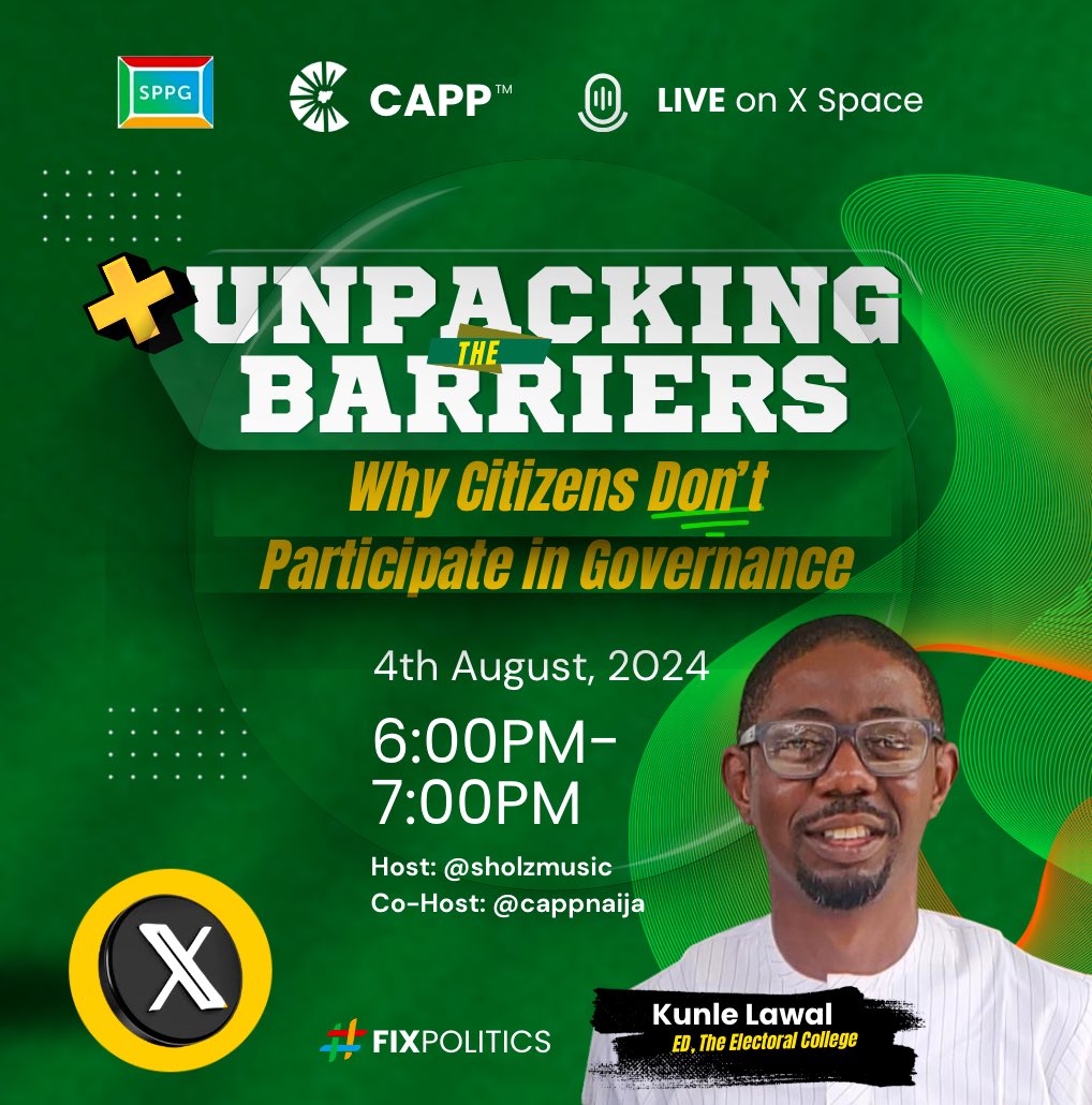 We have seen the apathy amongst citizens participation in governance and the factors influencing them. Our X space for tomorrow will be addressing these challenges. Join us as <a href="/kunlelawal/">Kunle Lawal</a> unpack the barriers of citizens participation in governance.