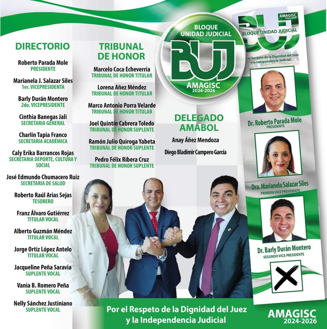 El próximo 10 de agosto de 2024, se llevarán a cabo las elecciones voto 🗳️ de la Asociación de Magistrados y Jueces de Santa Cruz. Bloque de Unidad Judicial.