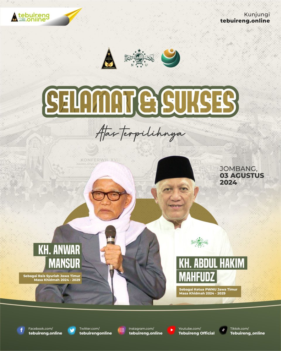 tebuirengonline's tweet photo. Selamat & sukses atas terpilihnya.
KH. Anwar Mansur sebagai Rais Syuriah Jawa Timur masa khidmat 2024-2029 dan KH. Abdul Hakim Mahfudz sebagai Rais PWNU Jawa Timur masa khidmat 2024-2029.
____
#tebuireng #pesantrentebuireng #kiaitebuireng #nu #nahdlatululama #pwnu #pwnujatim https://t.co/IZRviT0sli