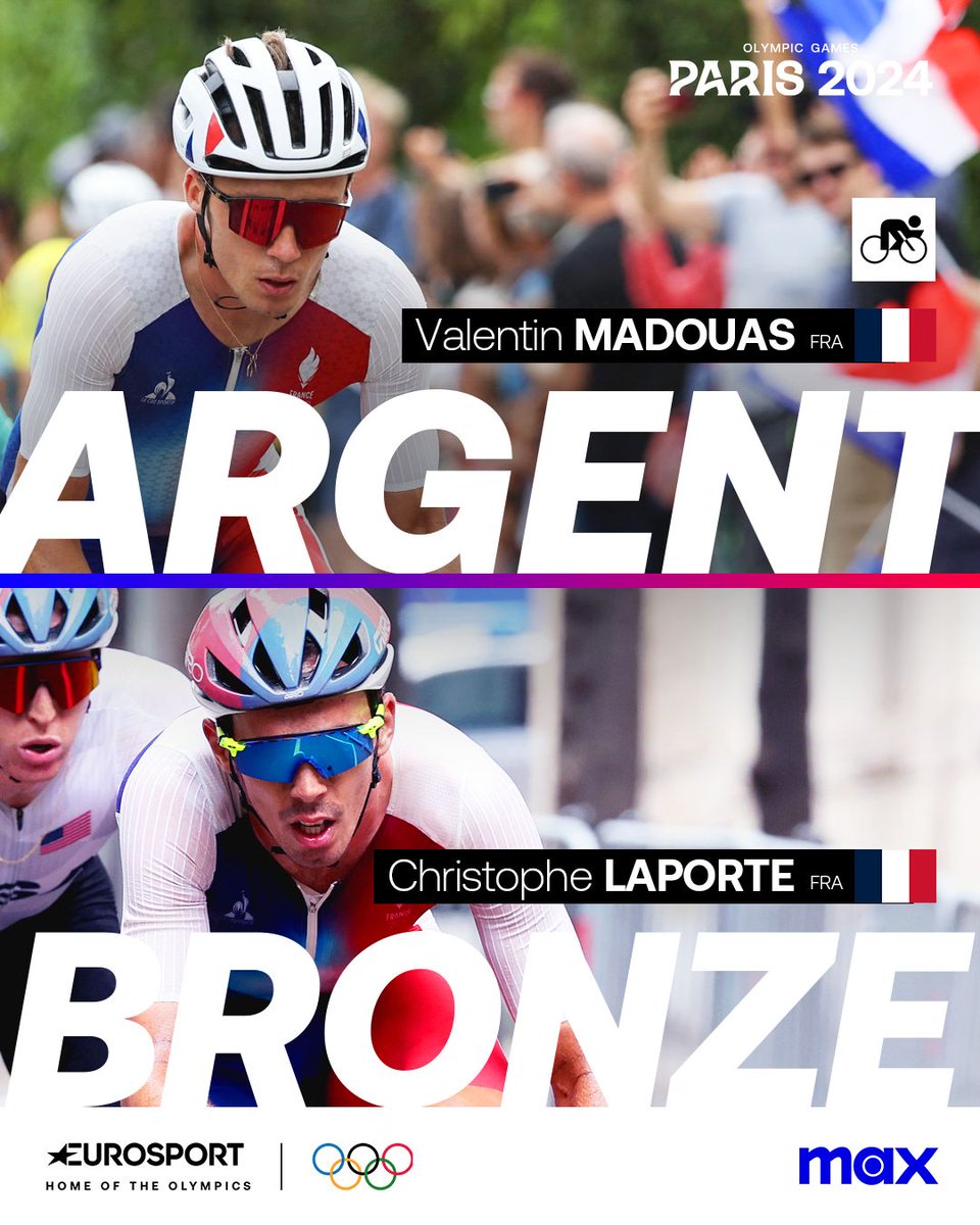 Eurosport_FR's tweet photo. 𝐌𝐚𝐠𝐢𝐪𝐮𝐞 ! Valentin Madouas et Christophe Laporte décrochent l'argent et le bronze sur la course en ligne ! Que c'est beau ! 😍 

#Paris2024 https://t.co/nC5iLMCCC0
