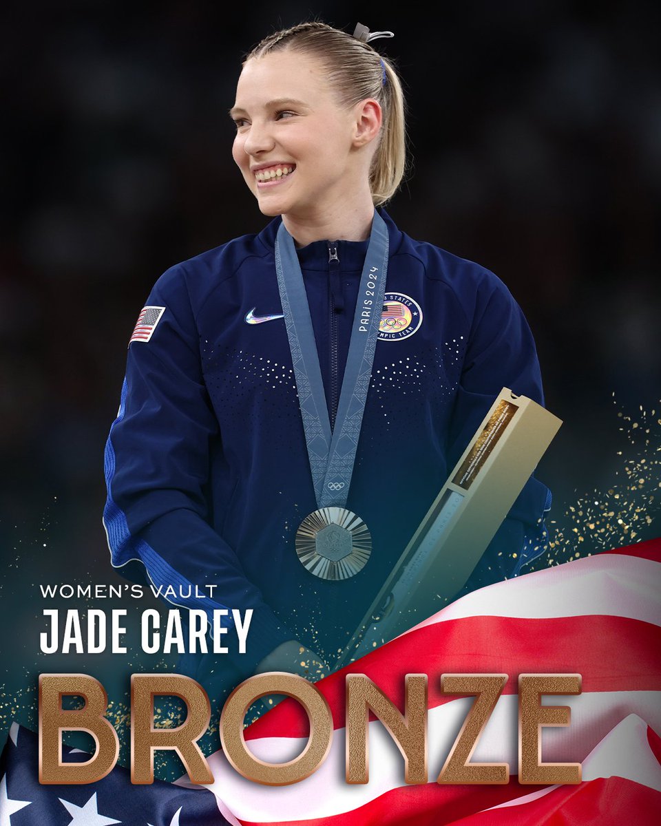 NBCOlympics's tweet photo. Jade Carey is bringing home BRONZE for her FIRST Olympic vault medal! 🥉 #ParisOlympics https://t.co/ZFmdbzXAwf