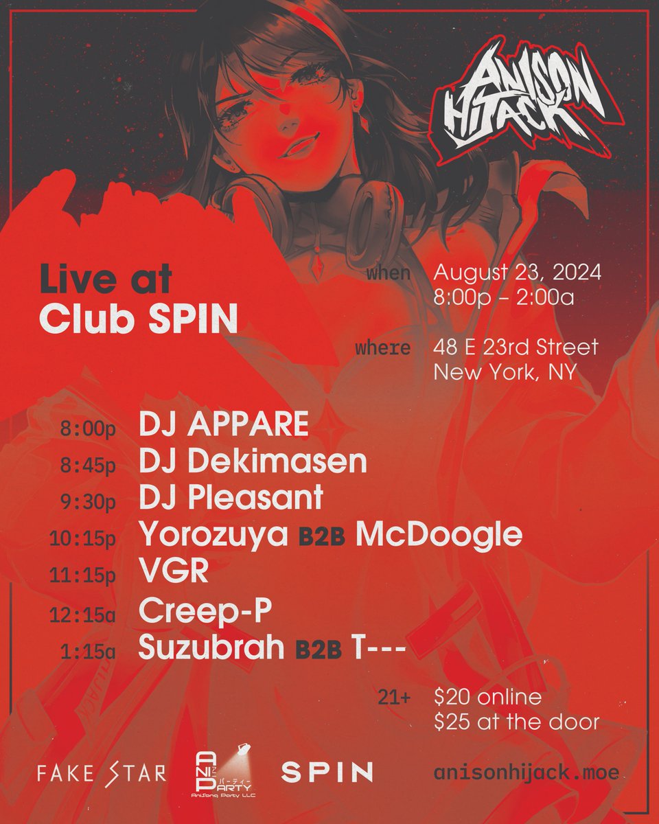 AnisonH's tweet image. Was one show during #AnimeNYC not enough?!?

Anison Hijack has partnered with @anisongparty  and @FAKESTARUSA to bring you the hottest party of AnimeNYC weekend!

Head down to Club Spin Flatiron on Friday, August 23rd, for a night of drinks, games, and the best anime DJs you've…