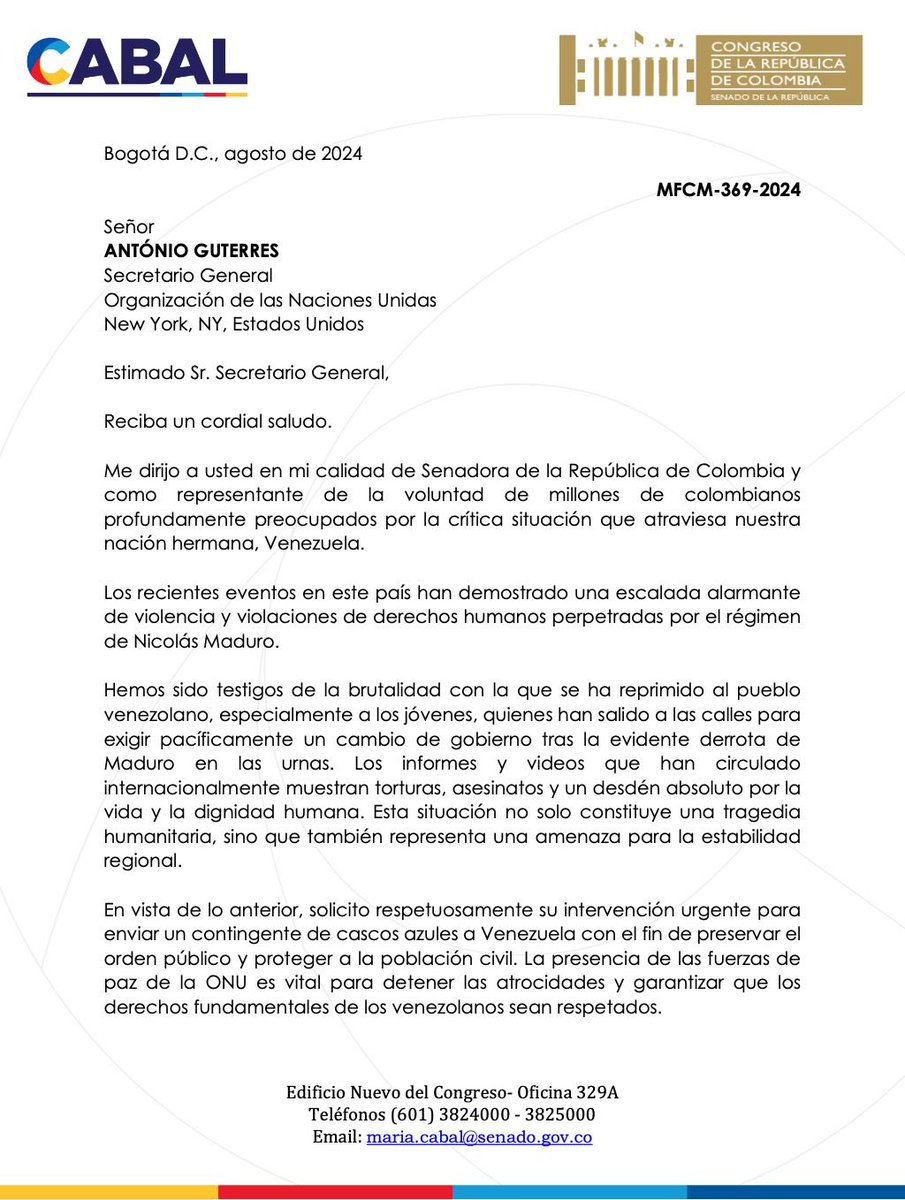 dquinterotv10's tweet photo. 🚨INACEPTABLE⚠️Senadora del partido Uribista @MariaFdaCabal envía carta al Secretario General de Naciones Unidas @ONU_es  @antonioguterres Solicitando que envíe un continente de "Cascos Azules" (Militares) para "imponer orden interno en Venezuela". Ustedes  qué opininan❓️ https://t.co/eMZk817ckn