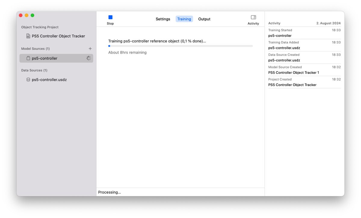 gerogerber's tweet photo. Creating an Object Tracking Reference Object from a PS5 Controller USDZ file. Seems that I need a faster machine (running on M1 Max) 😳
#Apple #visionOS #VisionPro #ObjectTracking #CreateML https://t.co/1etkxpX4Sf
