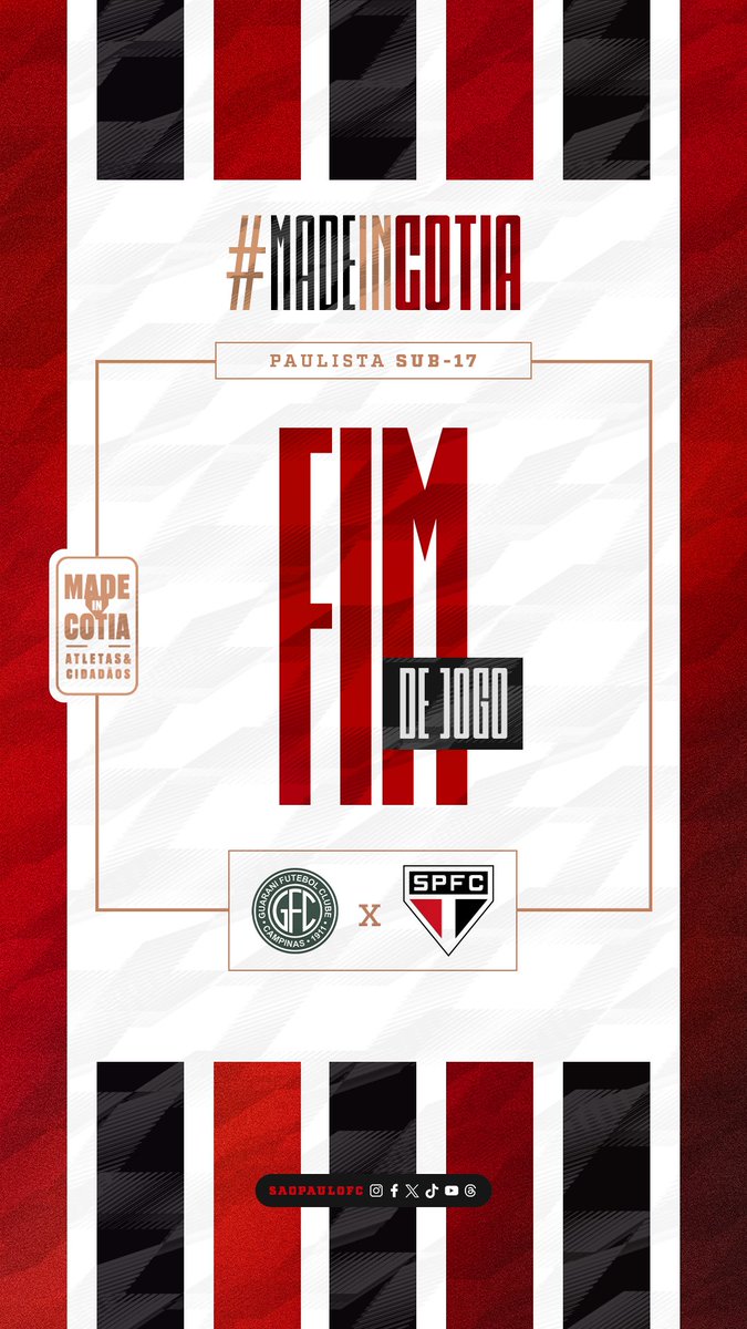 SaoPauloFC's tweet photo. Paulista Sub-17: Fim de jogo! #GUAxSPFC (0-5)
⚽⚽⚽ Gustavo
⚽ Lucca
⚽ Tetê
#MadeInCotia
#VamosSãoPaulo 🇾🇪 https://t.co/Yz0LhRGzWG