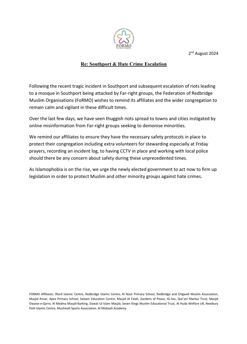 FORMO statement on the current disgraceful divisive #FarRight #Riots 
We urge communities to remain united, Redbridge has a history of community cohesion, we should not let these thugs divide us, they dont represent British people.Please remain vigilant around places of worship.