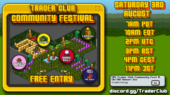 Want to win some free rares? Come join the Trader Club Community festival! Search "Inx" in game. 

Tweet a pic with #OriginsCommunityDay in one of our rooms. We'll be giving out a three dino to three random winners! 

#HabboHotelOrigins <a href="/HabboOrigins/">Habbo Hotel: Origins</a>