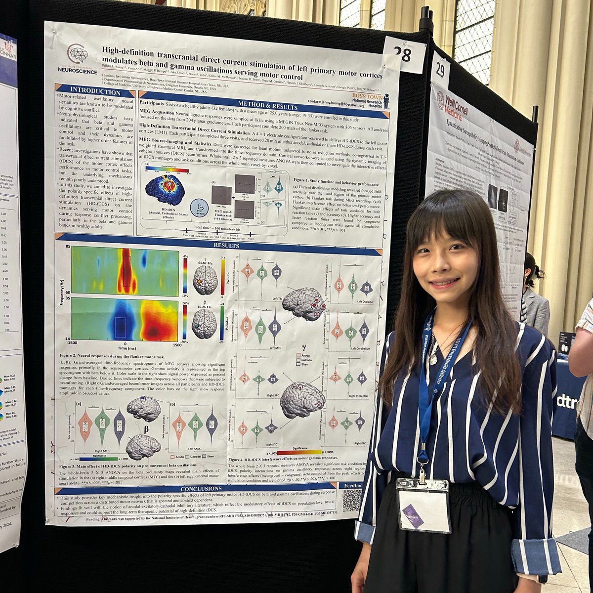 Peihan J. Huang, an RA in <a href="/Diconlab/">DICoN Lab</a> presenting her poster "High-definition transcranial direct current stimulation of left primary motor cortices modulates beta &amp; gamma neural activity during response competition" at #NYCN2024
#IHNconferences #IHN #neruoscience #neuroimaging