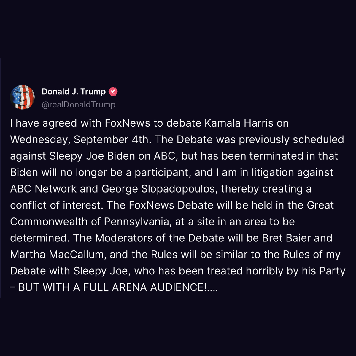 RBReich's tweet photo. Trump's terrified to debate Kamala Harris. Now he'll only do it if it's moderated by Fox News &amp; the audience is filled with his supporters. If she agrees to that, I'm sure he'll come up with some other ridiculous demand.

Whatever happened to "any time, any place"? What a coward! https://t.co/FgoynO7eYX