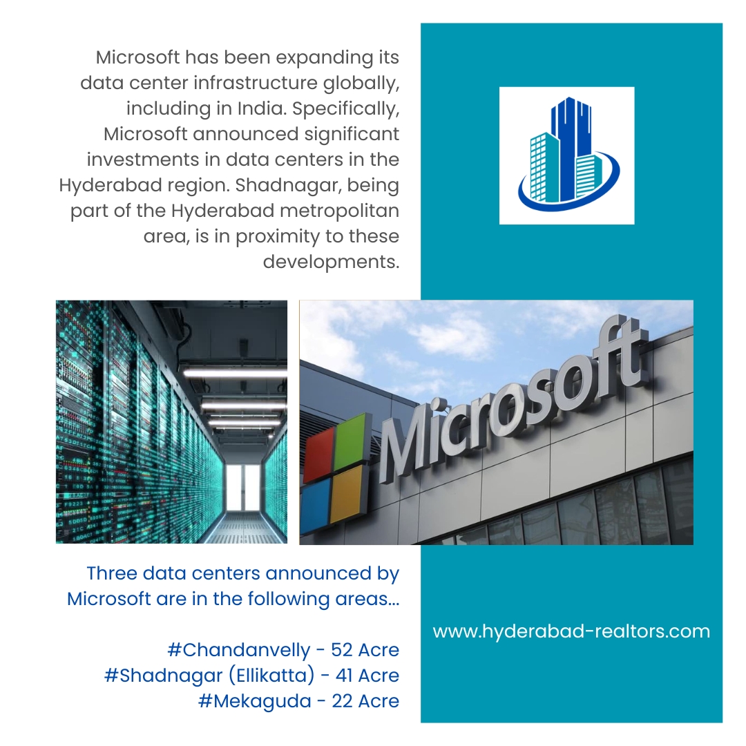 hyd_realtors's tweet image. The new data centers aim to provide improved cloud services, data storage, and management capabilities, benefiting businesses and users in the region. 
#microsoftdatacenter 
##Chandanvelly
#Shadnagar(Ellikatta)
#Mekaguda