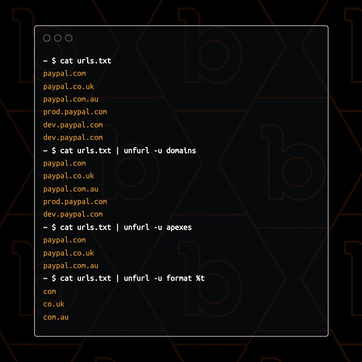 unfurl is awesome 🚀

Pull bits out of URLs including domains, TLDs, paths, apexes and so much more! 

Definitely worth checking out. 

Another great tool from @tomnomnom 😎