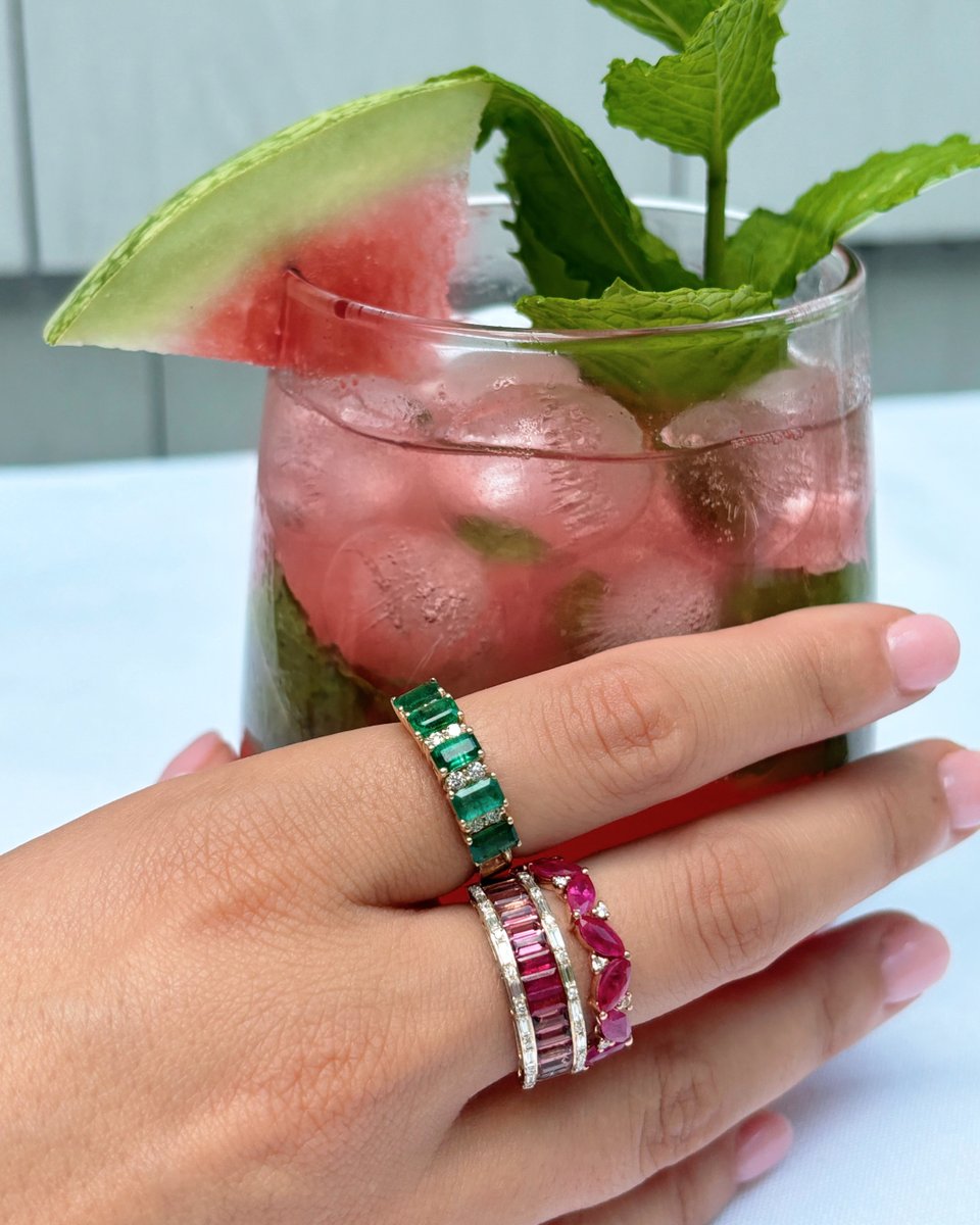Cheers to vibrant style! 🍉 Our stack of semi-precious rings perfectly match the refreshing hues of a watermelon mojito cocktail. Sip and sparkle this summer! ✨