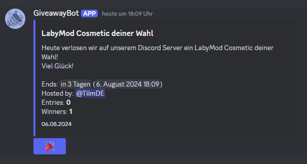 🎉 Giveaway 🎉

Wir verlosen wieder ein <a href="/LabyMod/">LabyMod</a> - Cosmetic deiner Wahl!

Um daran teilzunehmen:
➡️ Unserem Discord beitreten dc.Ascalter.de 👾
➡️ Das Symbol 🎉 im Channel 'Verlosungen' anklicken

Endet in 3 Tagen 🕒
Viel Glück 🥳

#LabyMod #Giveaway #ascalter #Minecraft