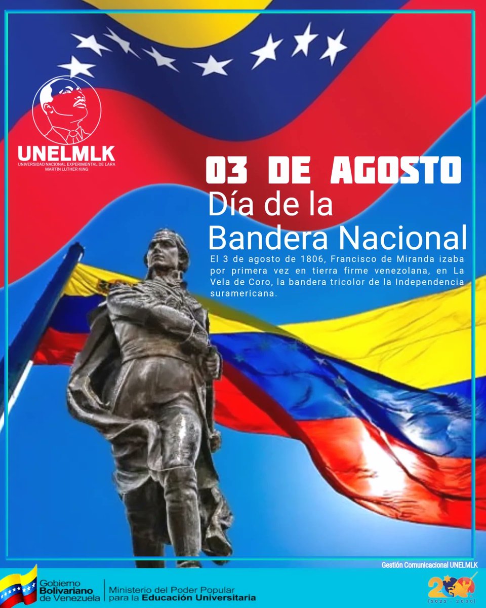 Hace 218  años Francisco de Miranda junto a la expedición libertadora izó por primera vez en Venezuela la bandera nacional, es un estandarte de lucha, independencia y soberanía que nos representa dentro y fuera de nuestras fronteras con patriotismo.

#PaisDeOchoEstrellas