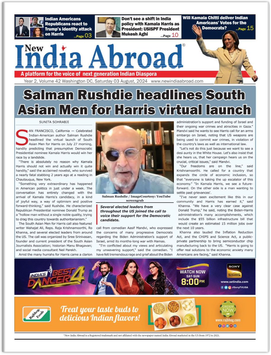 ManuBhagavan's tweet photo. We got a FULL PAGE headline from @NewIndiaAbroad!  

#SAM4Harris

 @ehammai @SalmanRushdie @aasif @WajahatAli @RoKhanna @CongressmanRaja @sree @neilparekh 
@KamalaHQ @KamalaHarris https://t.co/hENzalaxJ9