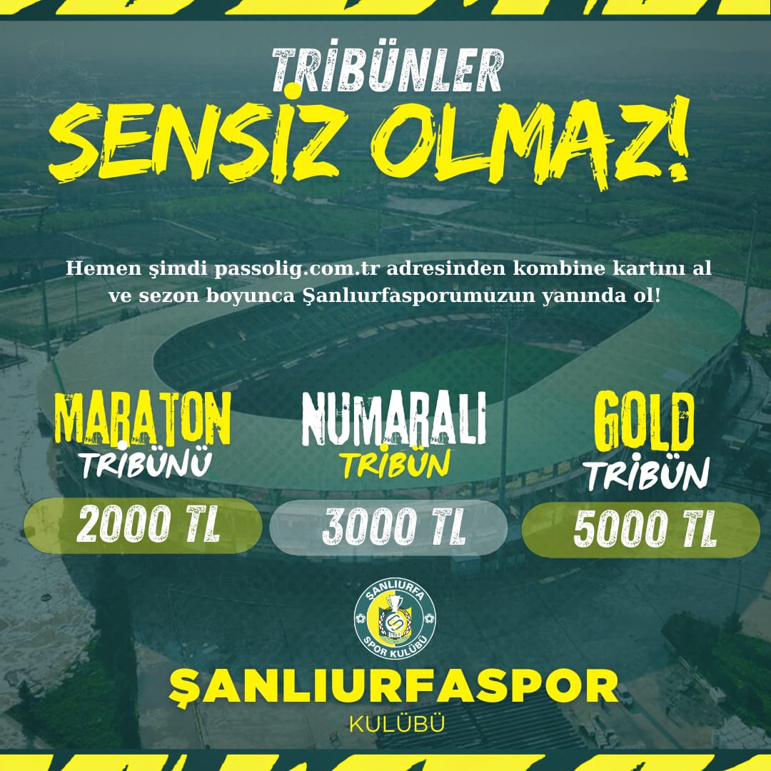 💚💛 Tribünler sensiz olmaz
2024-2025 Trendyol 1. Lig'de 11 Nisan Stadyumu’nda oynayacağımız tüm karşılaşmaları kapsayan kombine satışımız devam ediyor.

Passo web sitesi ve Passo Mobil uygulama üzerinden kombine satın alımı işlemlerini gerçekleştirebilirsiniz.
#Şanlıurfaspor