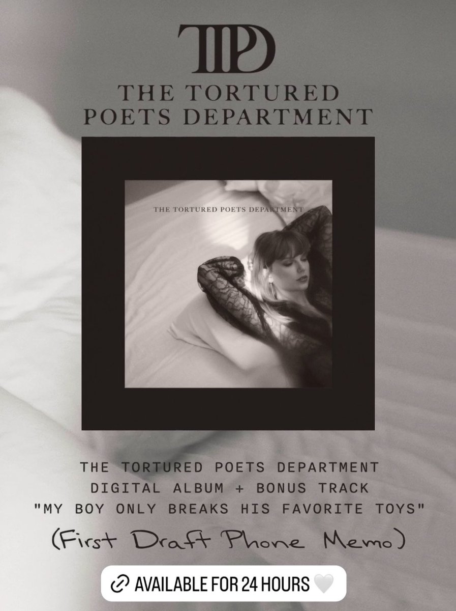 bchartsnet's tweet photo. Tree Paine, elas me pagam! Taylor Swift lança nova versão digital do “The Tortured Poets Department”, incluindo mais um áudio de WhatsApp.

Essa versão inclui um voice memo de “My Boy Only Breaks His Favorite Toys” e estará disponível nos Estados Unidos por apenas 24 horas. https://t.co/bciNsmWipR
