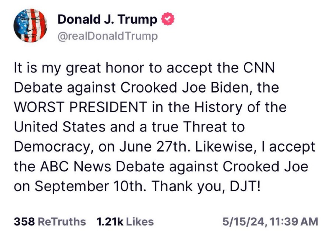ALX 🇺🇸 (@alx) on Twitter photo <a href="/KamalaHarris/">Kamala Harris</a> Trump was pretty specific in accepting ABC’s debate invitation
He agreed to debate Joe Biden
Joe backed out when he quit the race.
Unless Joe plans on showing up on September 10th, there is no agreement
Trump has a new proposal, you declined.
Gaslighting won’t work. <a href="/KamalaHarris/">Kamala Harris</a> Trump was pretty specific in accepting ABC’s debate invitation
He agreed to debate Joe Biden
Joe backed out when he quit the race.
Unless Joe plans on showing up on September 10th, there is no agreement
Trump has a new proposal, you declined.
Gaslighting won’t work.