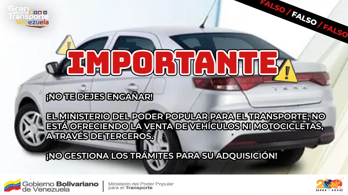 #InfoMPPT |  ¡Busca a los agentes autorizados! 
@TransporteGobVe alerta a nuestro pueblo que el Ministerio no está realizando llamadas para la tramitación de compras de vehículos o motocicletas, a través de ninguna fundación.
