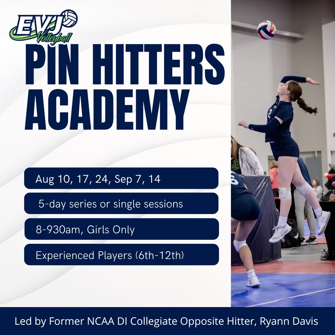 Join us for our PIN Hitters Academy led by Former NCAA DI Collegiate Opposite Hitter, Ryann Davis! 💙💚 Visit our website for more information and to register!

#volleyball #settingacademy #volleyballacademy