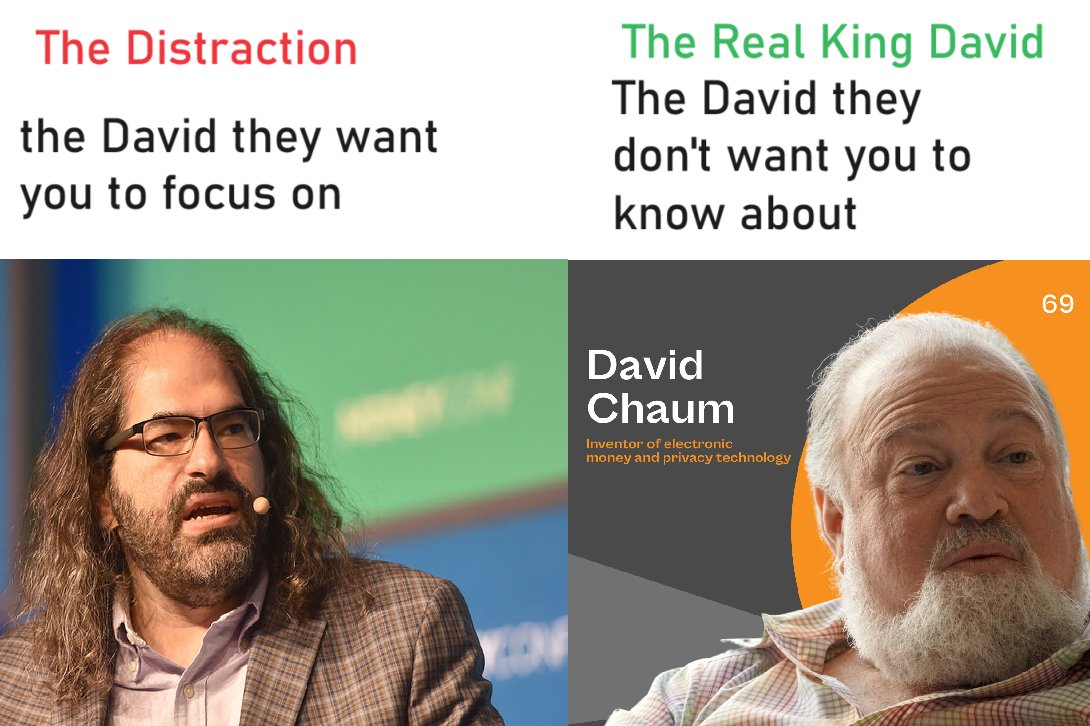 CryptoCurrent77's tweet photo. Will the real King David please stand up? 

One was a distraction, the other was the real deal 
One was in plain sight, the other hidden from view

David Chaum-the "Father of Cryptography", "Inventor of Electronic money [eCash] &amp; Privacy Technology", Head of BIS project, $XX $XEC https://t.co/z2S6JcIm8I