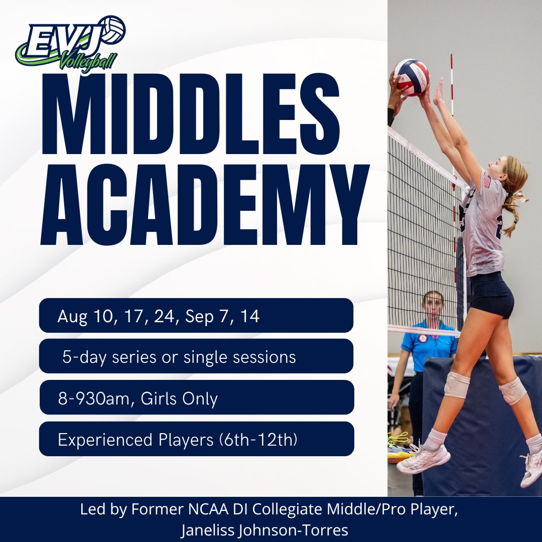 Join us for our Middles Academy led by Former NCAA DI Collegiate Middle &amp; Pro Player, Janeliss Johnson-Torres! 💙💚 Visit our website for more information and to register!

#volleyball #settingacademy #volleyballacademy