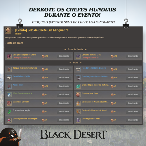 BDO_SA_BR's tweet photo. Derrote os Chefes Mundiais durante o evento para obter o [Evento] Selo de Chefe Lua Minguante! 🌕⚔️  
Troque o [Evento] Selo de Chefe Lua Minguante por itens essenciais através do Posto de Troca! 💰✨  
#BlackDesert #Evento #Chefes #Recompensas https://t.co/iRtkeA8WMT