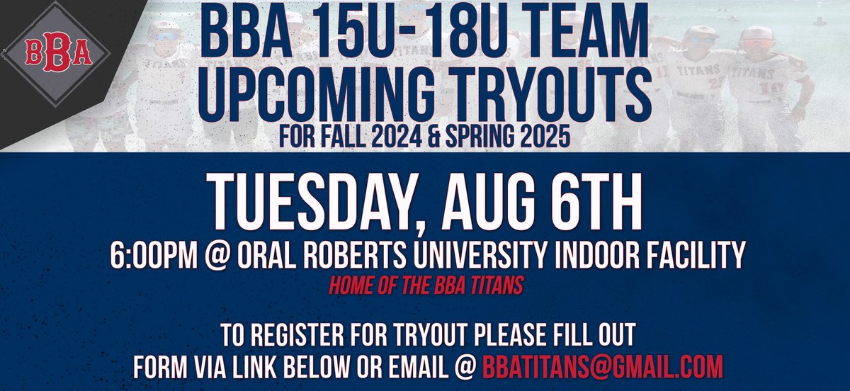 bbatitans's tweet image. Upcoming Tryout For ALL HS BBA Titans Teams, THIS TUESDAY (8/6). Register for the tryout here: forms.gle/FbyiBmAKAVsP7M…