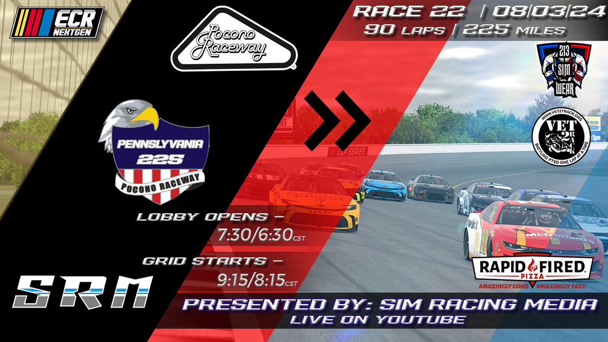 Raceday! Tonight, we head to the Tricky Triangle <a href="/PoconoRaceway/">Pocono Raceway</a> for Race #22.

With 3 races left before the chase, drives on the cut line are doing everything, they can make in it.

<a href="/SimRacingMedia1/">Sim Racing Media</a> call all the action live on <a href="/YouTube/">YouTube</a> at 9:10 pm et.

youtube.com/live/hUZlR8Pew…