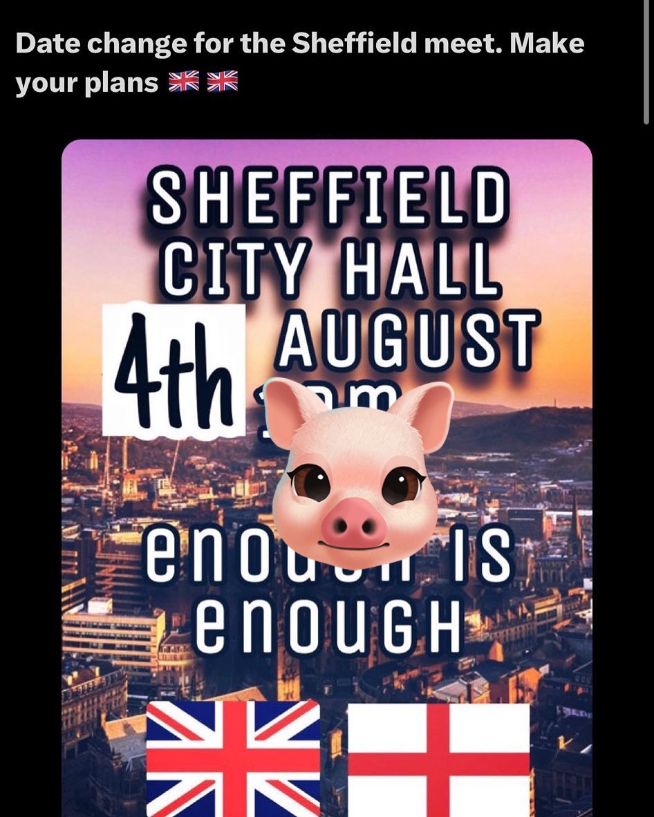 Here's hoping the people of Sheffield turn up in numbers tomorrow to tell these fascist scumbags to f off. No place for this shite in our city #sheffield #protest
