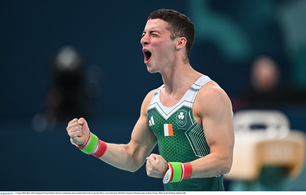 Rhys McClenaghan, celebrating winning the gold on the Pommel Horse at an Olympic Games