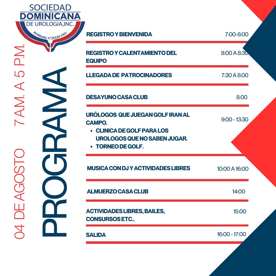 Programa de actividades:
 
¡Combina salud y deporte! ️‍♂️ En "Urología en Pelota de Golf" 
podrás aprender sobre tu salud mientras disfrutas de un torneo de golf. 

⛳️ Domingo 4 de agosto, 7:00 AM en La Estancia Golf &amp; Country Club. 

#Salud #Deporte #Urología #Golf