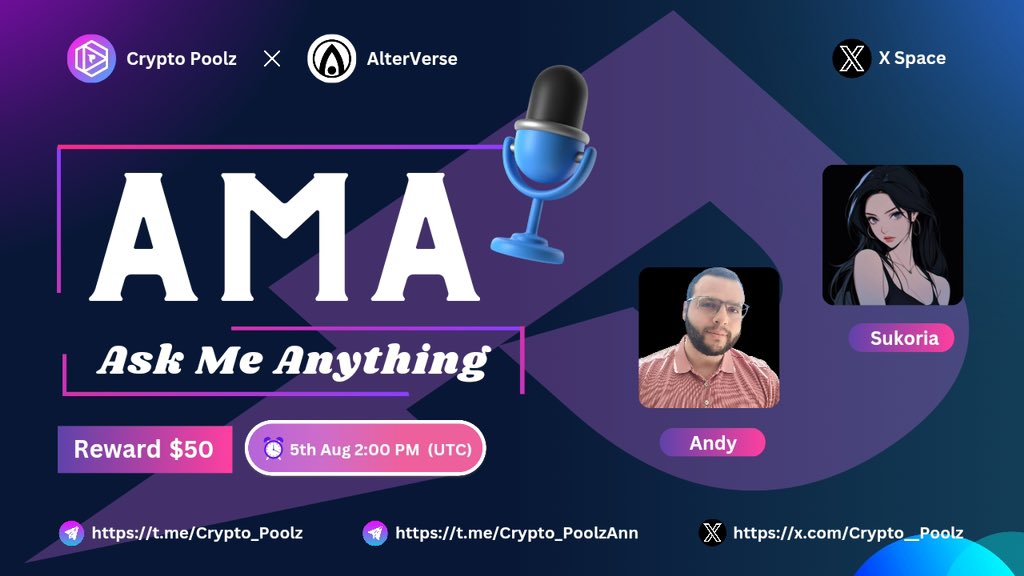 Crypto__Poolz's tweet image. 🚀Get ready for the Next #CryptoPoolz  X Space AMA With #AlterVerse

🎁Prize: $50
📆Date: 5th July, 2:00 PM ( UTC)
🏨 Venue : 

〽️  Rules Must be Followed Or You Will be Disqualified 👇

✔️. Follow @Crypto__Poolz &amp;amp; @AlterVerseGame
✔️. Join :…