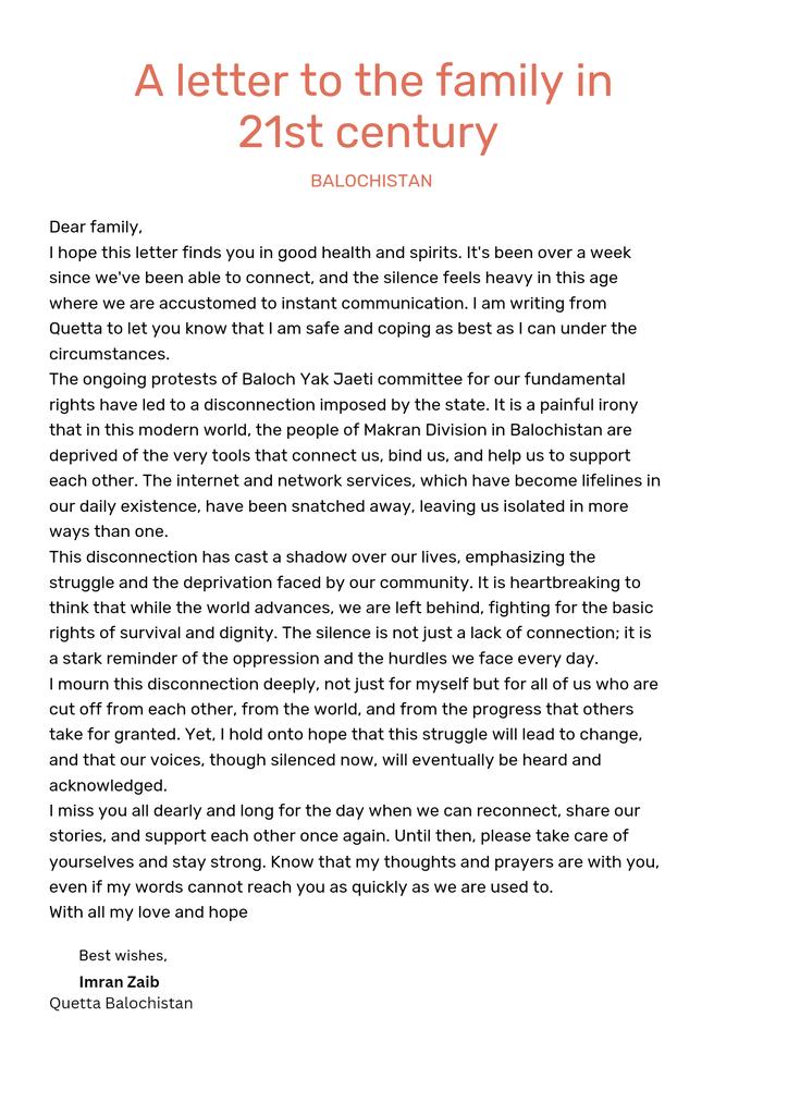 Imranzaib33's tweet photo. This letter has been sent to my family via road. Have a read and feel the pain of every one far from their family since a week. In 21st century we lack internet and network services
@MerryBaloch @MahrangBaloch_ 
@HamidMirPAK @elonmusk @MediaCellPPP
@BalochYakjehtiC @SammiBaluch https://t.co/qNfO1GHiyI