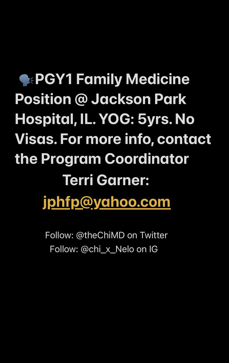 TheChiMD's tweet photo. 🎯PGY-1 FM Open Position: JPH, IL
#MedTwitter #match2024 #match2025 #soap2024 #scramble2024 #ecfmg #img #ms4 #unmatchedmd #insidethematch #FMRevolution https://t.co/iUYbgX22w2