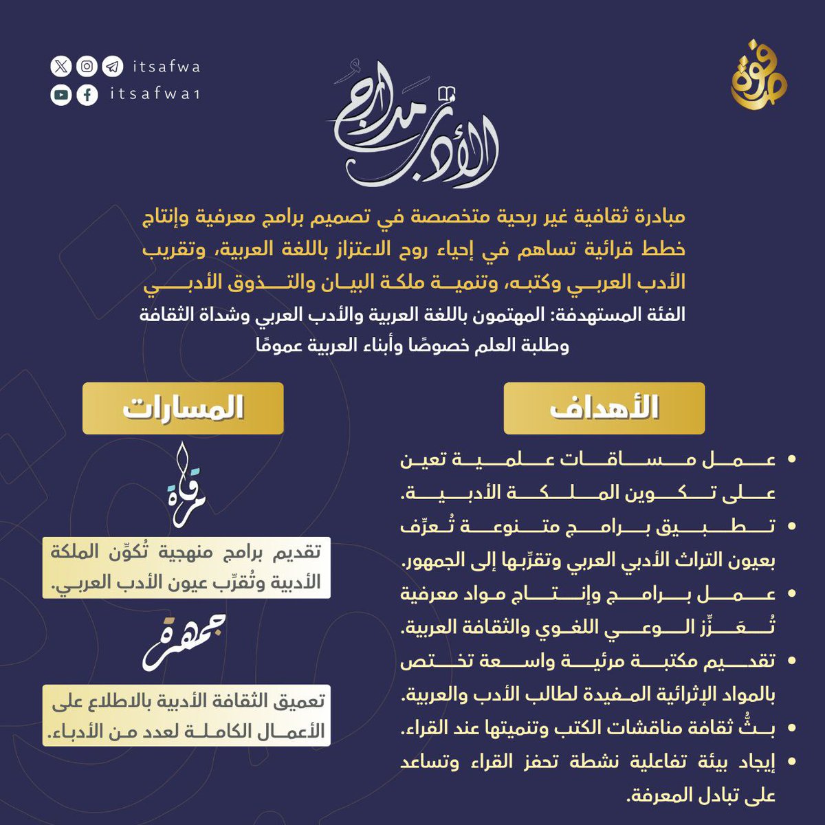itSafwa1's tweet photo. تعرف أكثر على مبادرات صفوة (مدارج الأدب - مدارج القارئين). https://t.co/ZFLxTZM3CG