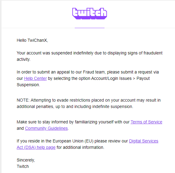 Kaiero___'s tweet photo. As you may know I am suspended from Twitch under what cost. I've gotten an indefinite suspension. I've already contacted their support and appealed twice. But I only got is just a automated response from them which is ridiculous.   

So for now I will be on hiatus until further notice. 😭