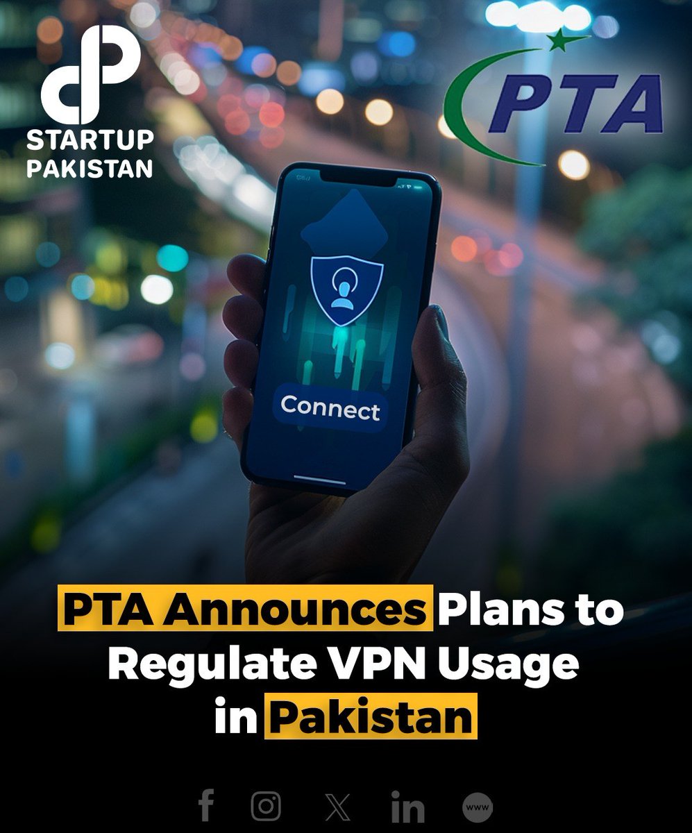 PakStartup's tweet photo. The Pakistan Telecommunication Authority (PTA) is set to implement new regulations for VPN usage in Pakistan. 

#PTA #VPNRegulation #PakistanTelecommunication #CyberSecurity https://t.co/7GGj9QnSVh