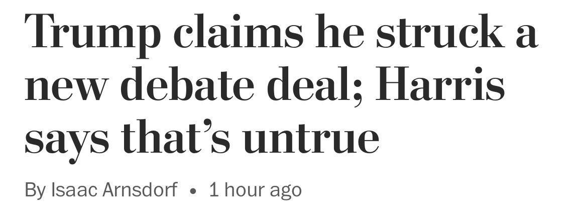 WTF is this headline? I feel like I’m losing my mind. This is not that hard! How about: 

“Trump backs out of scheduled ABC debate, strikes FOX News side deal without Harris campaign’s input”

Anything else - incl. this mealymouthed both-sides BS - is journalistic malpractice.