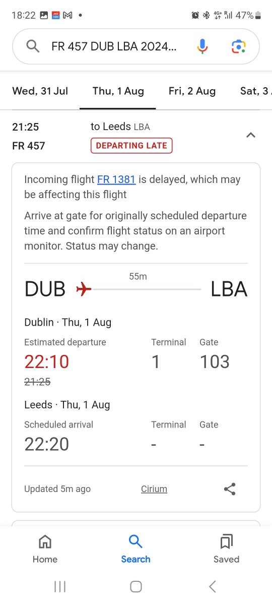 MrsMdns's tweet photo. @markdowson3 @Ryanair @MartinSLewis I also got this through from Google. I got this before around 6pm long before ryanair told us about any delays https://t.co/Qxov2DU2iS