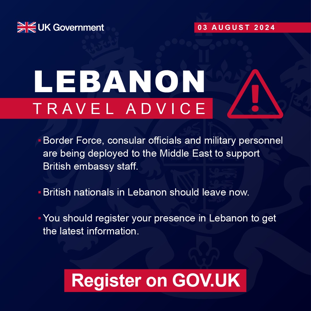 ⚠ British nationals in Lebanon should leave now.

Border Force, consular officials and military personnel are being deployed to the Middle East to support British embassy staff.

🚨 If you are a British national in Lebanon, register for the latest information: