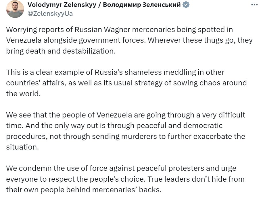 #URGENTE Volodímir Zelenski, Presidente de Ucrania, denuncia el vergonzoso y criminal involucramiento de Rusia y el grupo mercenario Wagner en la represión contra el pueblo de Venezuela 🇻🇪 #VenezuelaLibredeDictadura