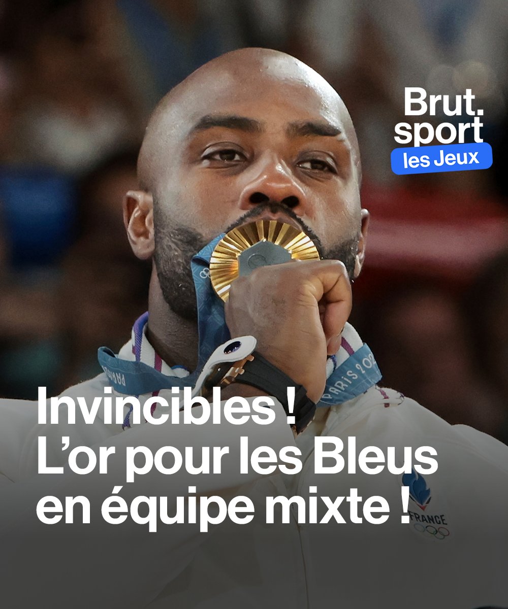 brutofficiel's tweet photo. Championne olympique en titre, l'équipe de France remporte l'or au judo par équipe mixte ! 2e titre en 2 jours pour Teddy Riner ! 🥇🇫🇷 https://t.co/bVT58VyNer